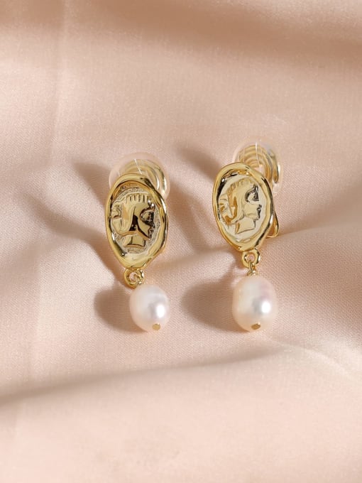 14k Gold [ ear clip] Brass Freshwater Pearl Geometric Vintage Drop Earring